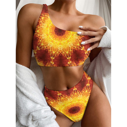 Sun Fire Kaleidoscope Print One Shoulder Bikini Top