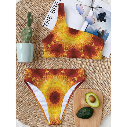 Sun Fire Kaleidoscope Print One Shoulder Bikini Top