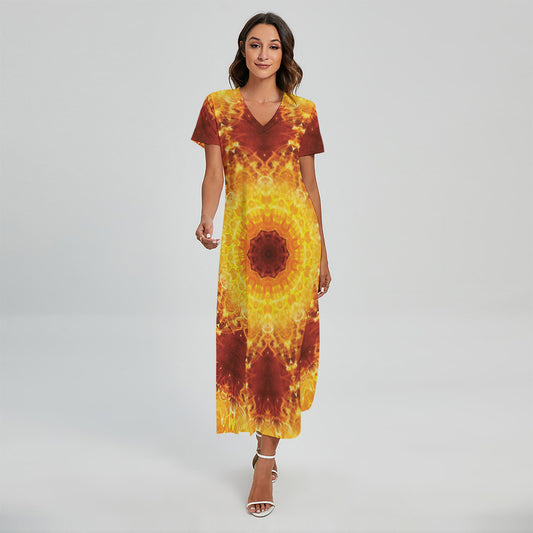 Sun Fire Kaleidoscope Print Short Sleeve Maxi Dress