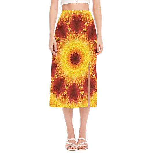Sun Fire Kaleidoscope Print Side Slit Midi Skirt