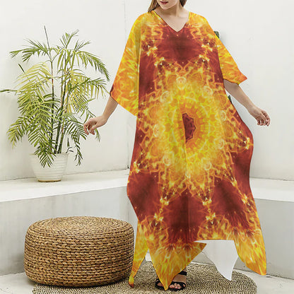 Sun Fire Kaleidoscope Print Silk V-Neck Kaftan Dress