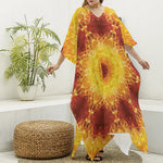 Sun Fire Kaleidoscope Print Silk V-Neck Kaftan Dress