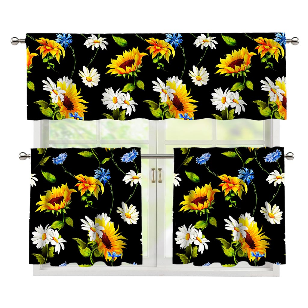 Sunflower Chamomile Pattern Print 3 Piece Kitchen Curtains