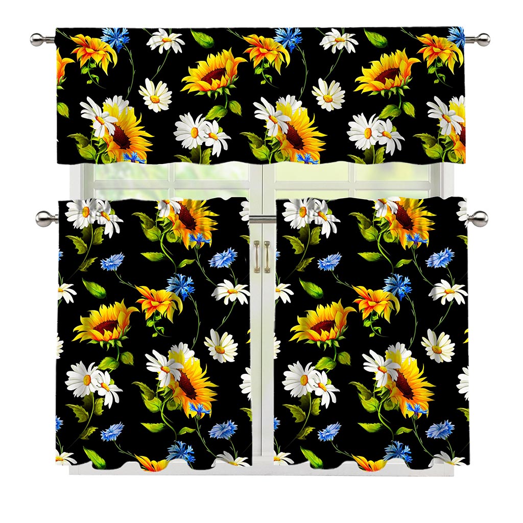Sunflower Chamomile Pattern Print 3 Piece Kitchen Curtains