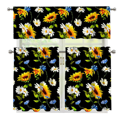 Sunflower Chamomile Pattern Print 3 Piece Kitchen Curtains