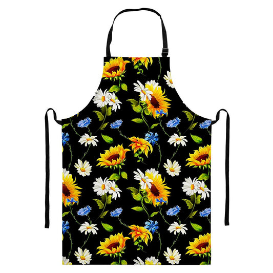 Sunflower Chamomile Pattern Print Bib Apron With Pocket