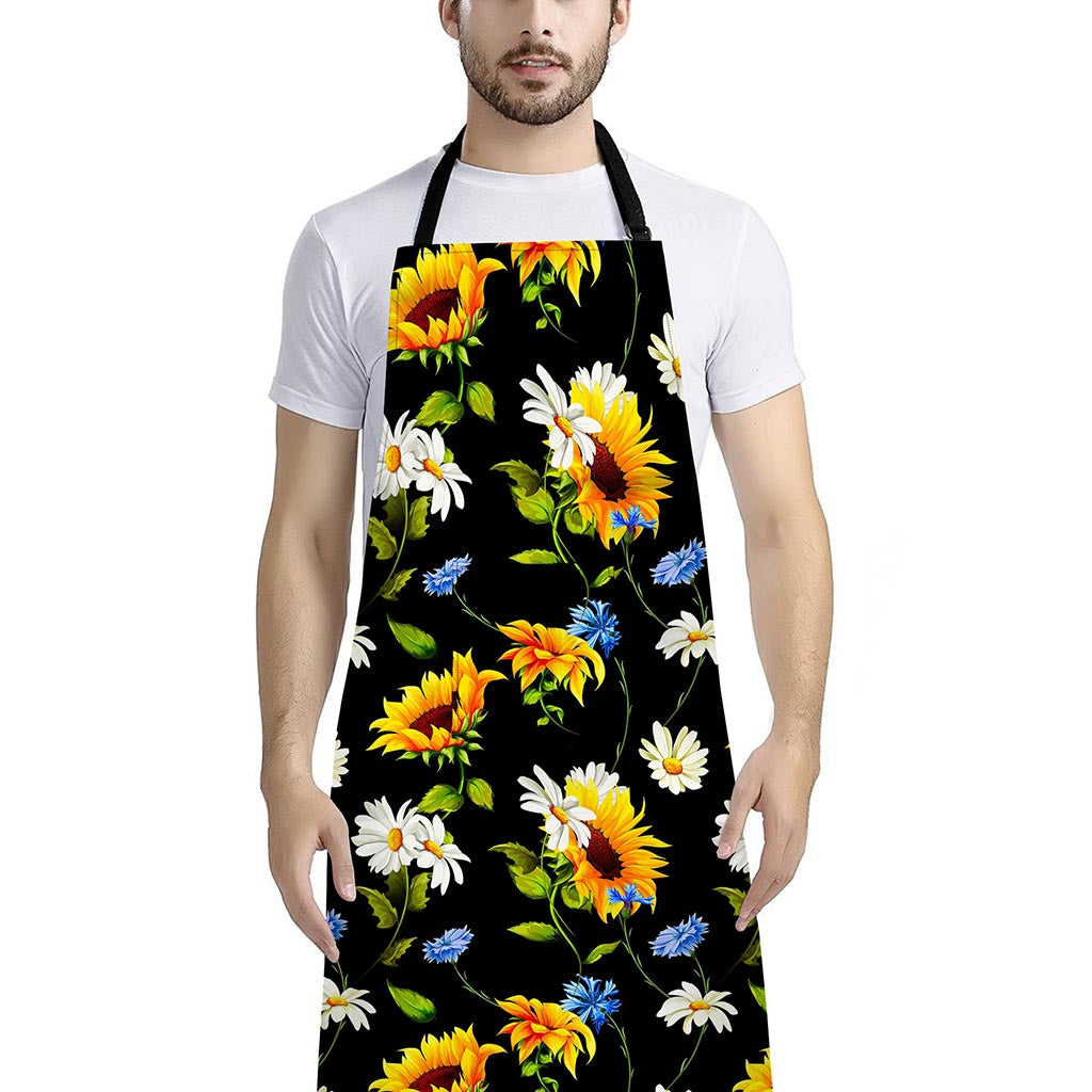 Sunflower Chamomile Pattern Print Bib Apron With Pocket