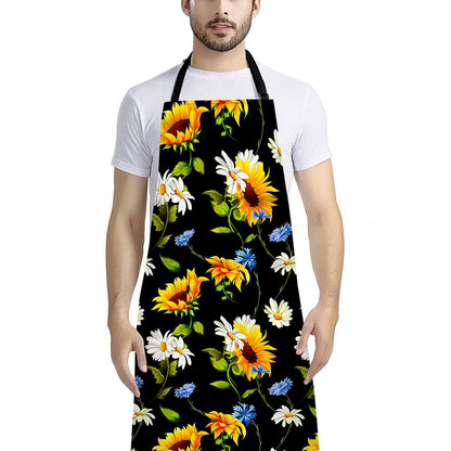 Sunflower Chamomile Pattern Print Bib Apron With Pocket
