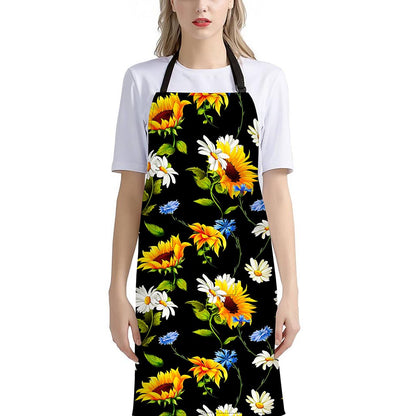 Sunflower Chamomile Pattern Print Bib Apron With Pocket