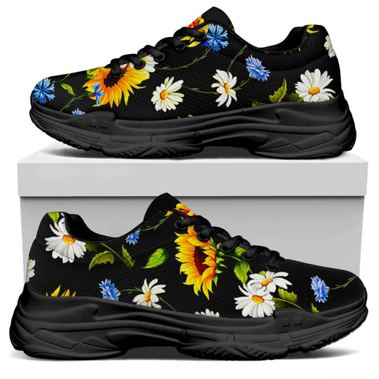 Sunflower Chamomile Pattern Print Black Chunky Shoes