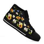 Sunflower Chamomile Pattern Print Black High Top Sneakers