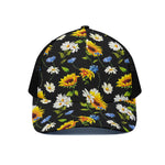Sunflower Chamomile Pattern Print Black Mesh Trucker Cap