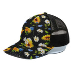 Sunflower Chamomile Pattern Print Black Mesh Trucker Cap