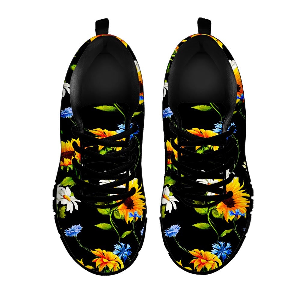 Sunflower Chamomile Pattern Print Black Running Shoes