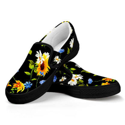Sunflower Chamomile Pattern Print Black Slip On Sneakers