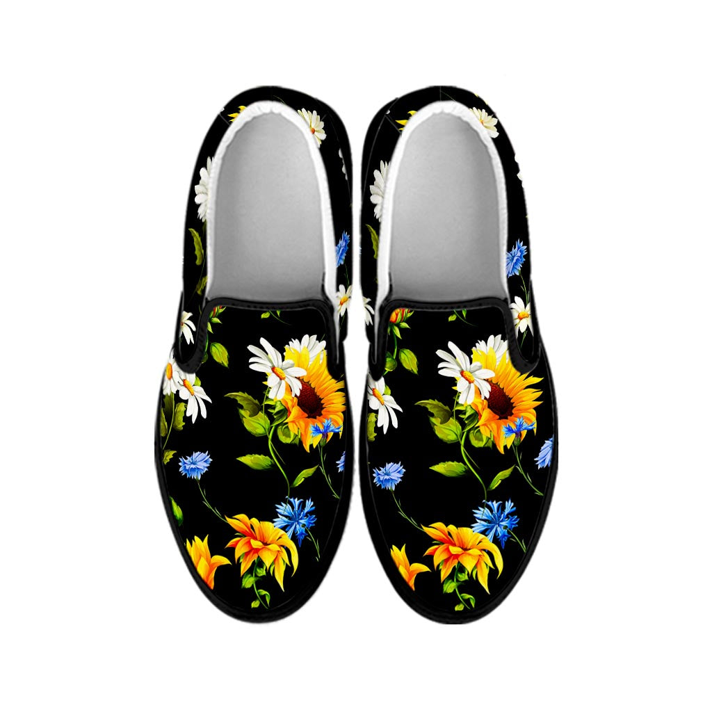 Sunflower Chamomile Pattern Print Black Slip On Sneakers