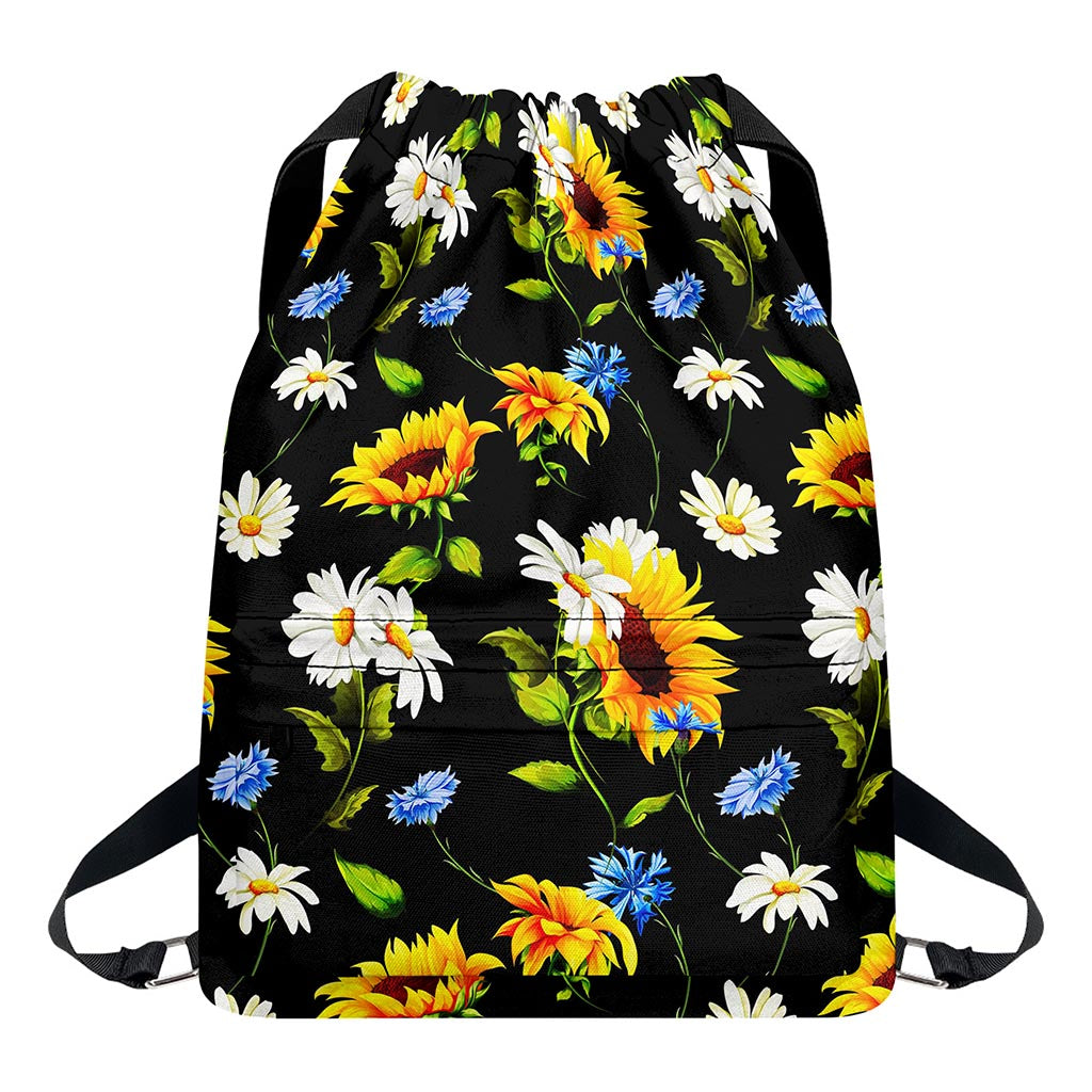 Sunflower Chamomile Pattern Print Drawstring Backpack