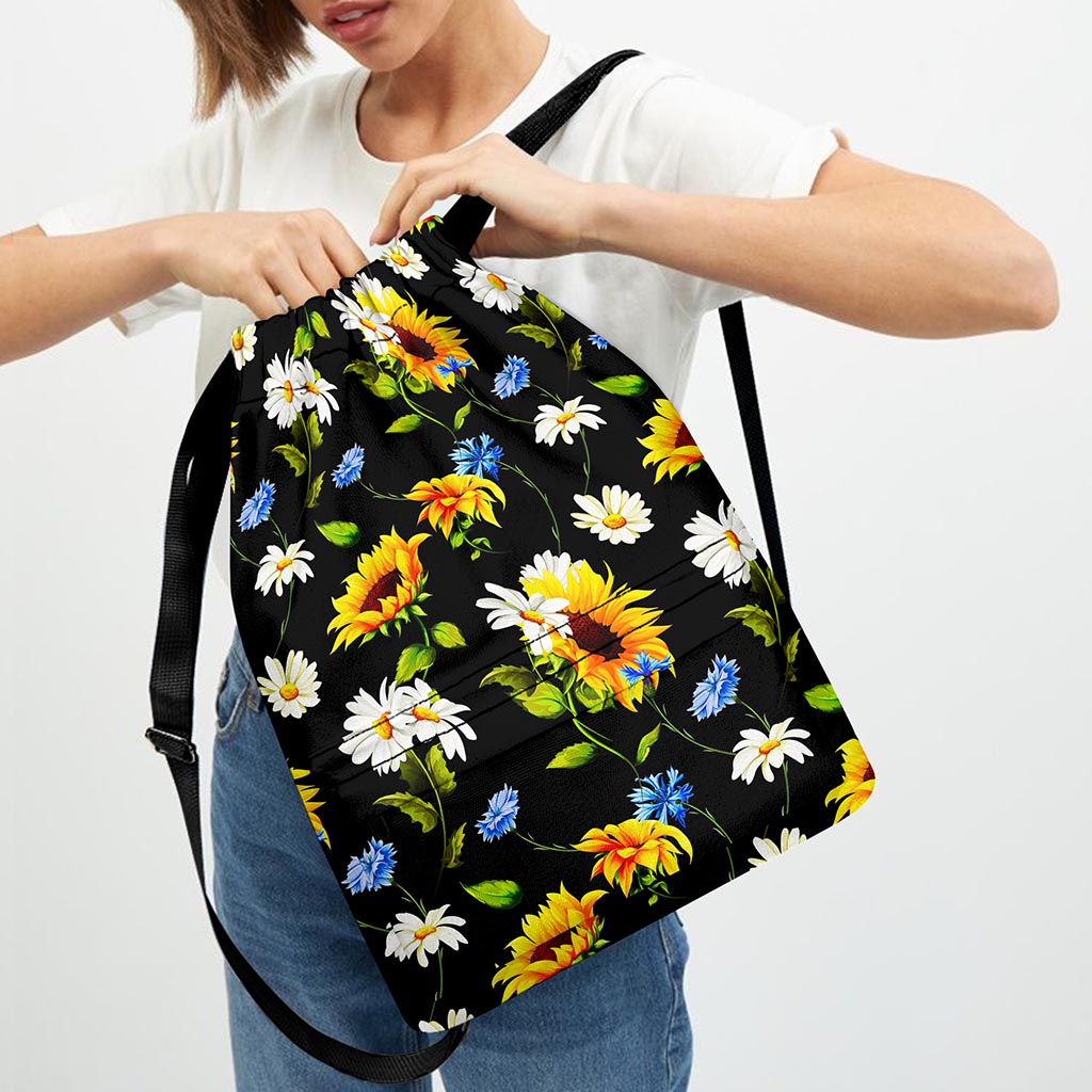 Sunflower Chamomile Pattern Print Drawstring Backpack