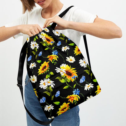 Sunflower Chamomile Pattern Print Drawstring Backpack