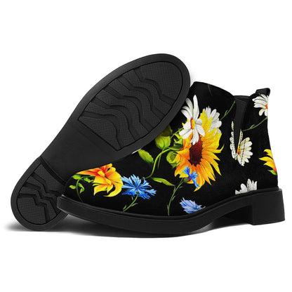 Sunflower Chamomile Pattern Print Flat Ankle Boots