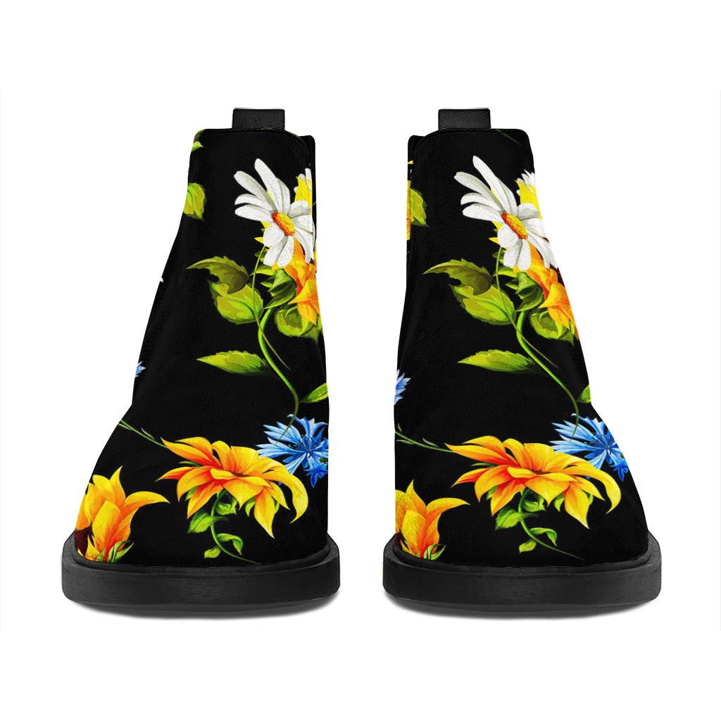 Sunflower Chamomile Pattern Print Flat Ankle Boots
