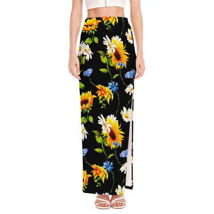 Sunflower Chamomile Pattern Print High Slit Maxi Skirt