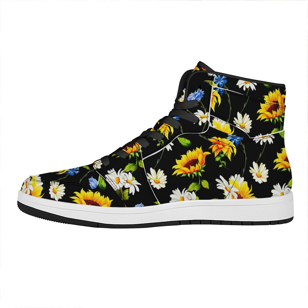 Sunflower Chamomile Pattern Print High Top Leather Sneakers