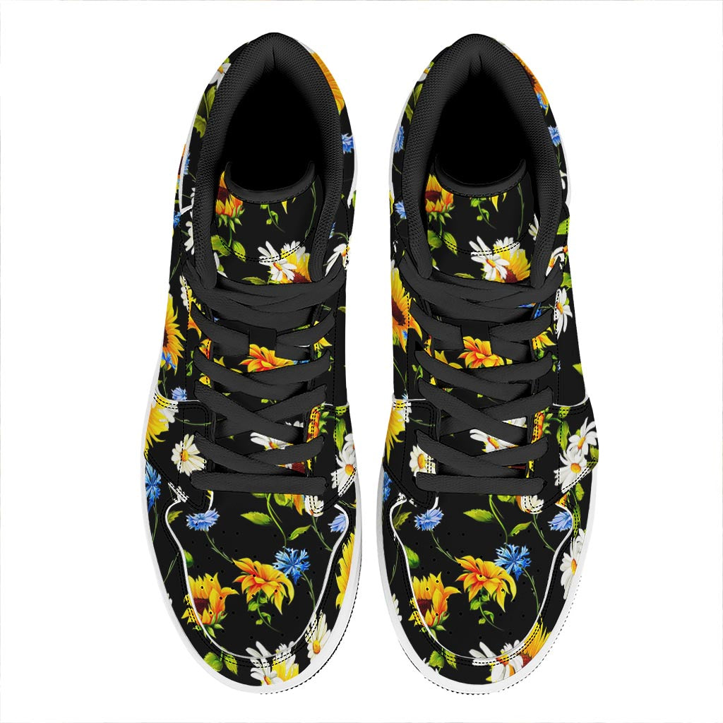 Sunflower Chamomile Pattern Print High Top Leather Sneakers