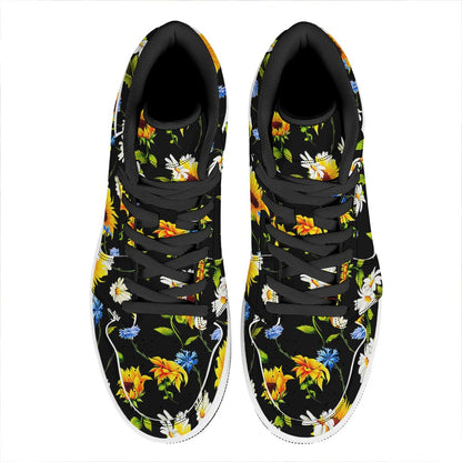Sunflower Chamomile Pattern Print High Top Leather Sneakers