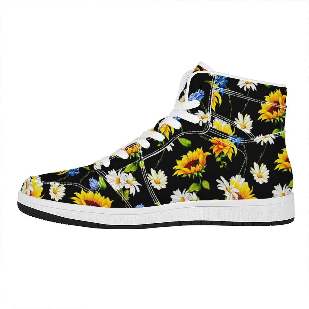 Sunflower Chamomile Pattern Print High Top Leather Sneakers