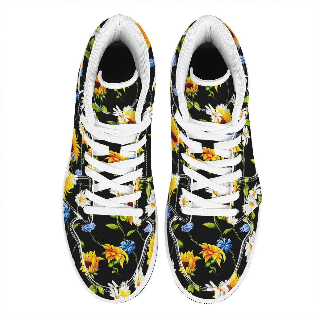 Sunflower Chamomile Pattern Print High Top Leather Sneakers