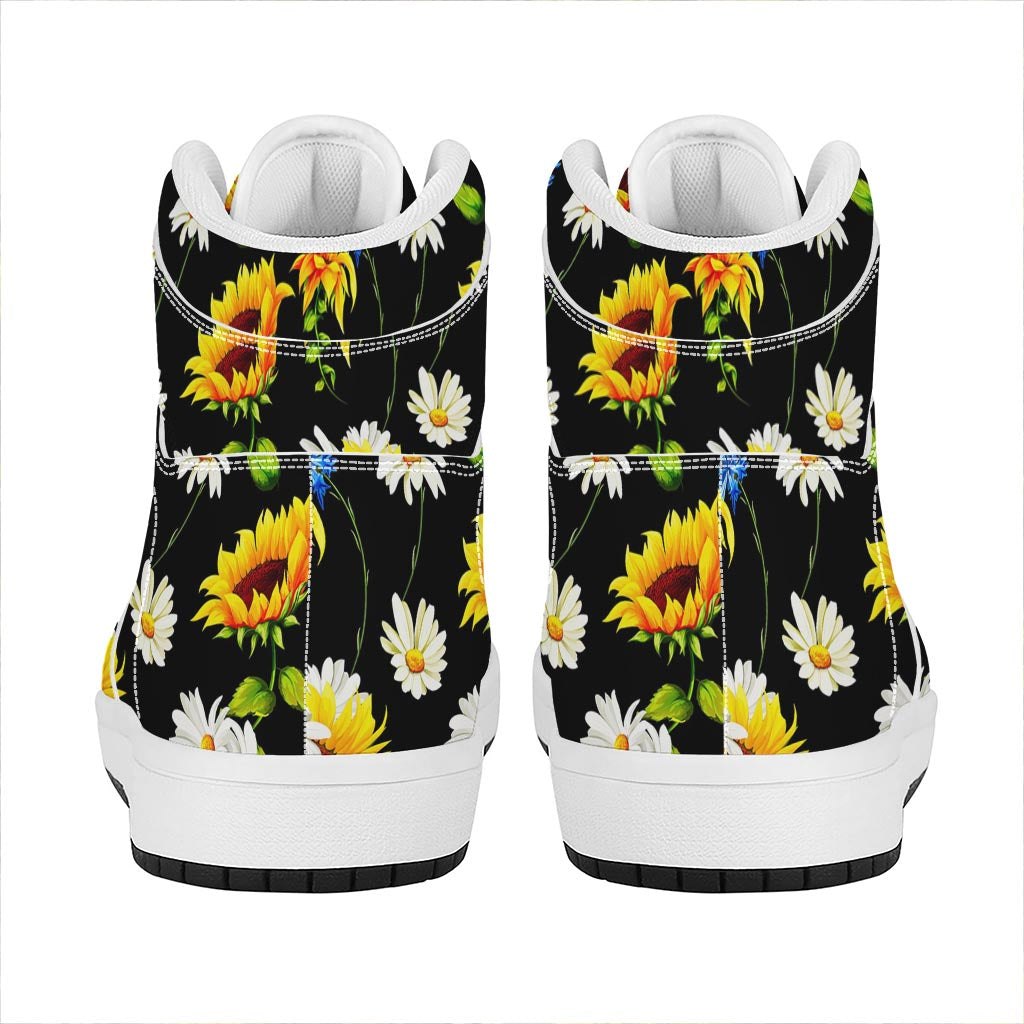 Sunflower Chamomile Pattern Print High Top Leather Sneakers