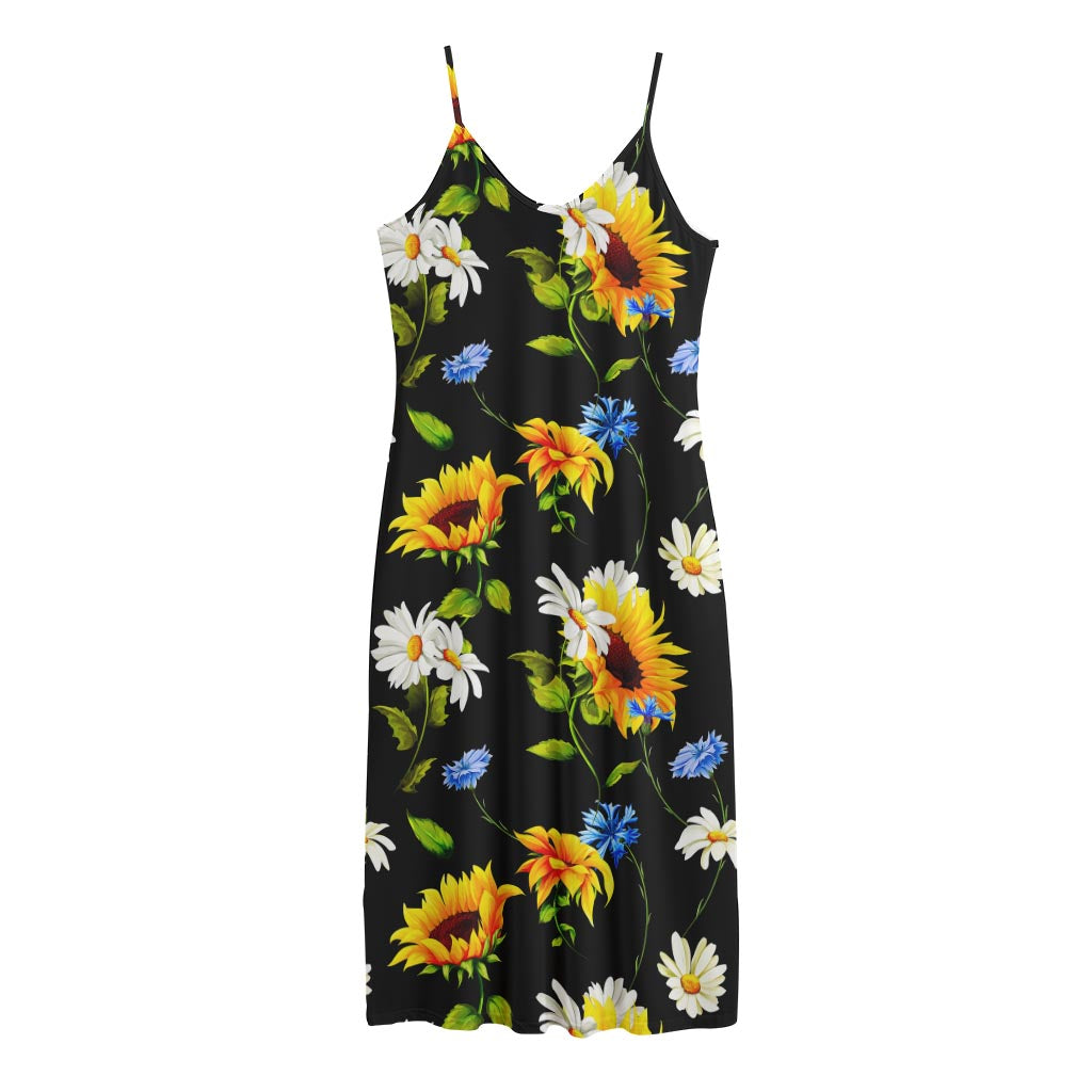 Sunflower Chamomile Pattern Print Jersey Midi Cami Dress