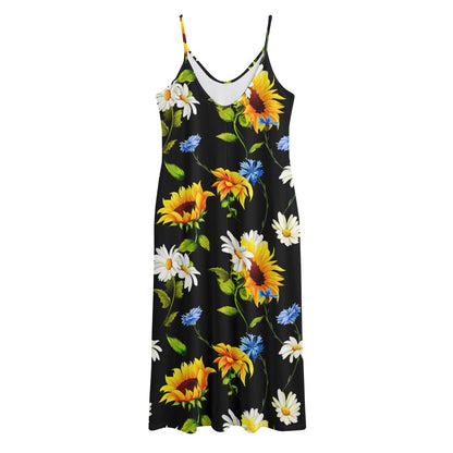 Sunflower Chamomile Pattern Print Jersey Midi Cami Dress