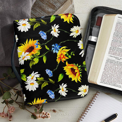 Sunflower Chamomile Pattern Print Leather Bible Cover