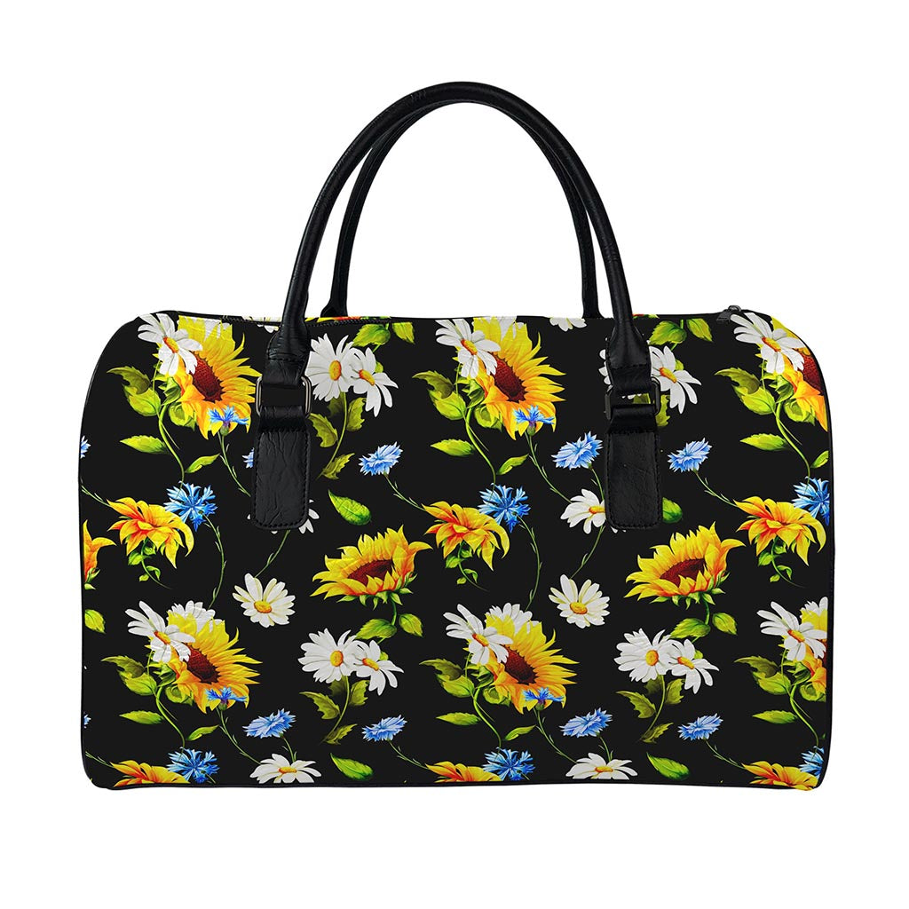 Sunflower Chamomile Pattern Print Leather Duffle Bag