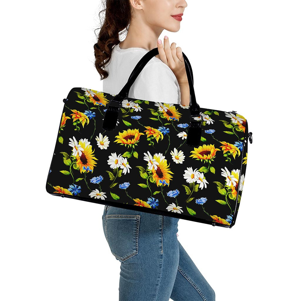 Sunflower Chamomile Pattern Print Leather Duffle Bag