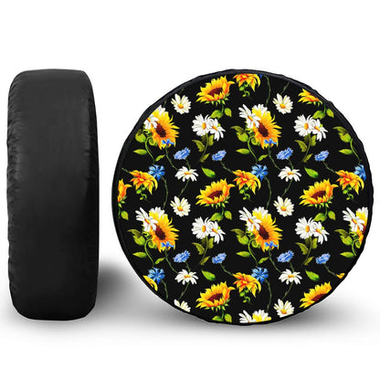 Sunflower Chamomile Pattern Print Leather Spare Tire Cover