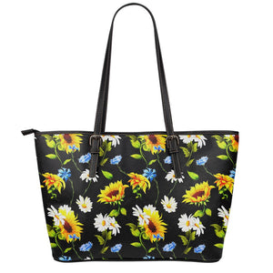 Sunflower Chamomile Pattern Print Leather Tote Bag