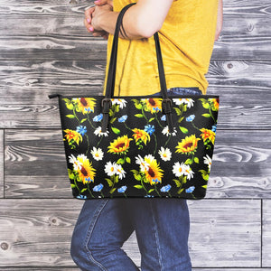 Sunflower Chamomile Pattern Print Leather Tote Bag