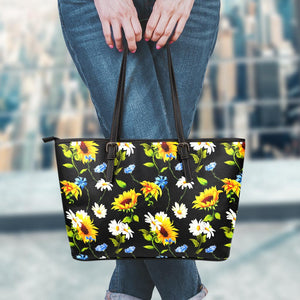 Sunflower Chamomile Pattern Print Leather Tote Bag