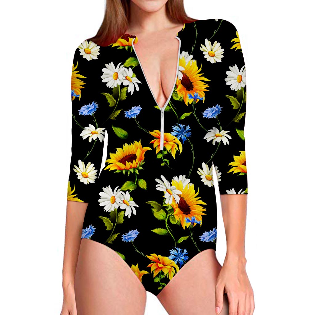 Sunflower Chamomile Pattern Print Long Sleeve Swimsuit
