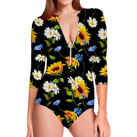 Sunflower Chamomile Pattern Print Long Sleeve Swimsuit