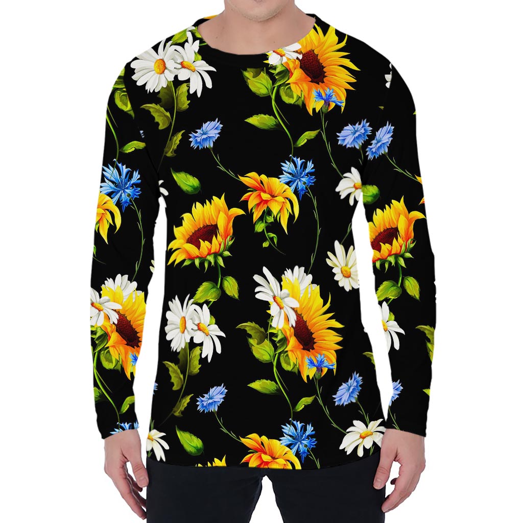 Sunflower Chamomile Pattern Print Men's Long Sleeve T-Shirt