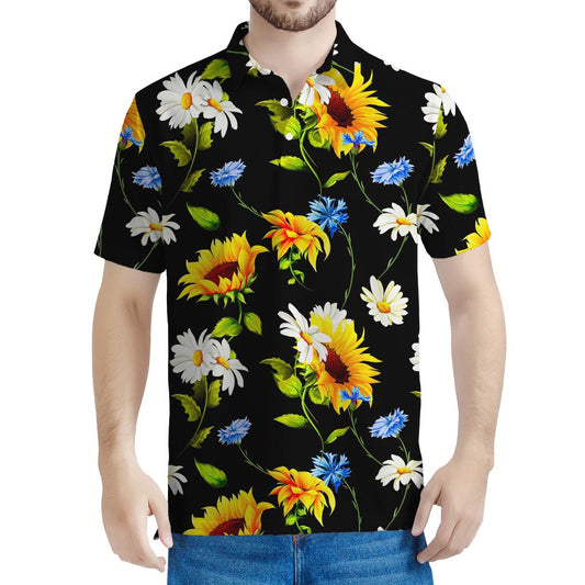 Sunflower Chamomile Pattern Print Men's Polo Shirt
