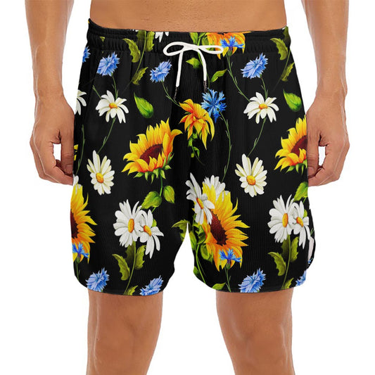 Sunflower Chamomile Pattern Print Men's Split Running Shorts