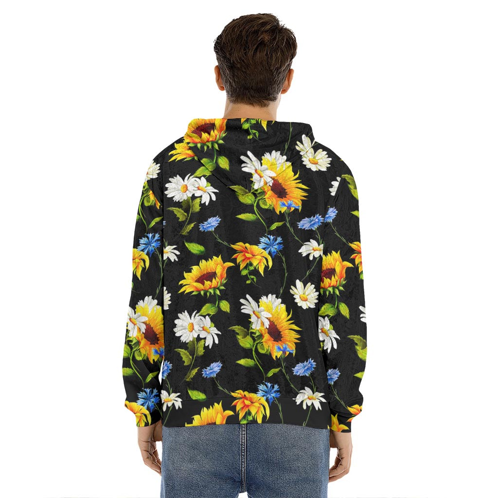 Sunflower Chamomile Pattern Print Men's Velvet Pullover Hoodie