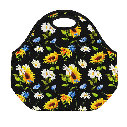 Sunflower Chamomile Pattern Print Neoprene Lunch Bag