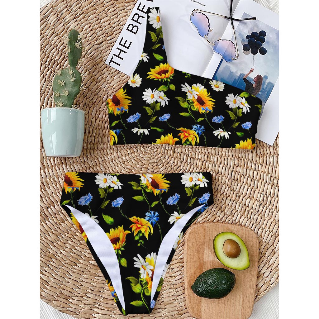 Sunflower Chamomile Pattern Print One Shoulder Bikini Top
