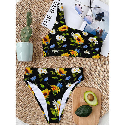 Sunflower Chamomile Pattern Print One Shoulder Bikini Top